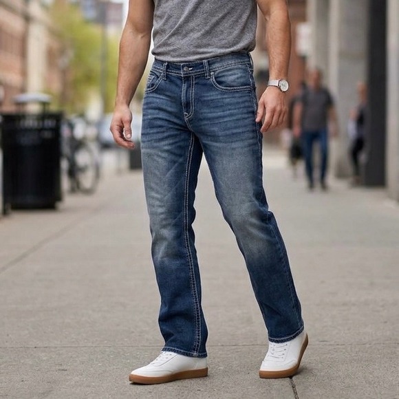 NWT TK Axel Slim Boot Jeans Mens 36x30 Blue Medium Wash Contrast Stitch Pockets - Picture 3 of 16